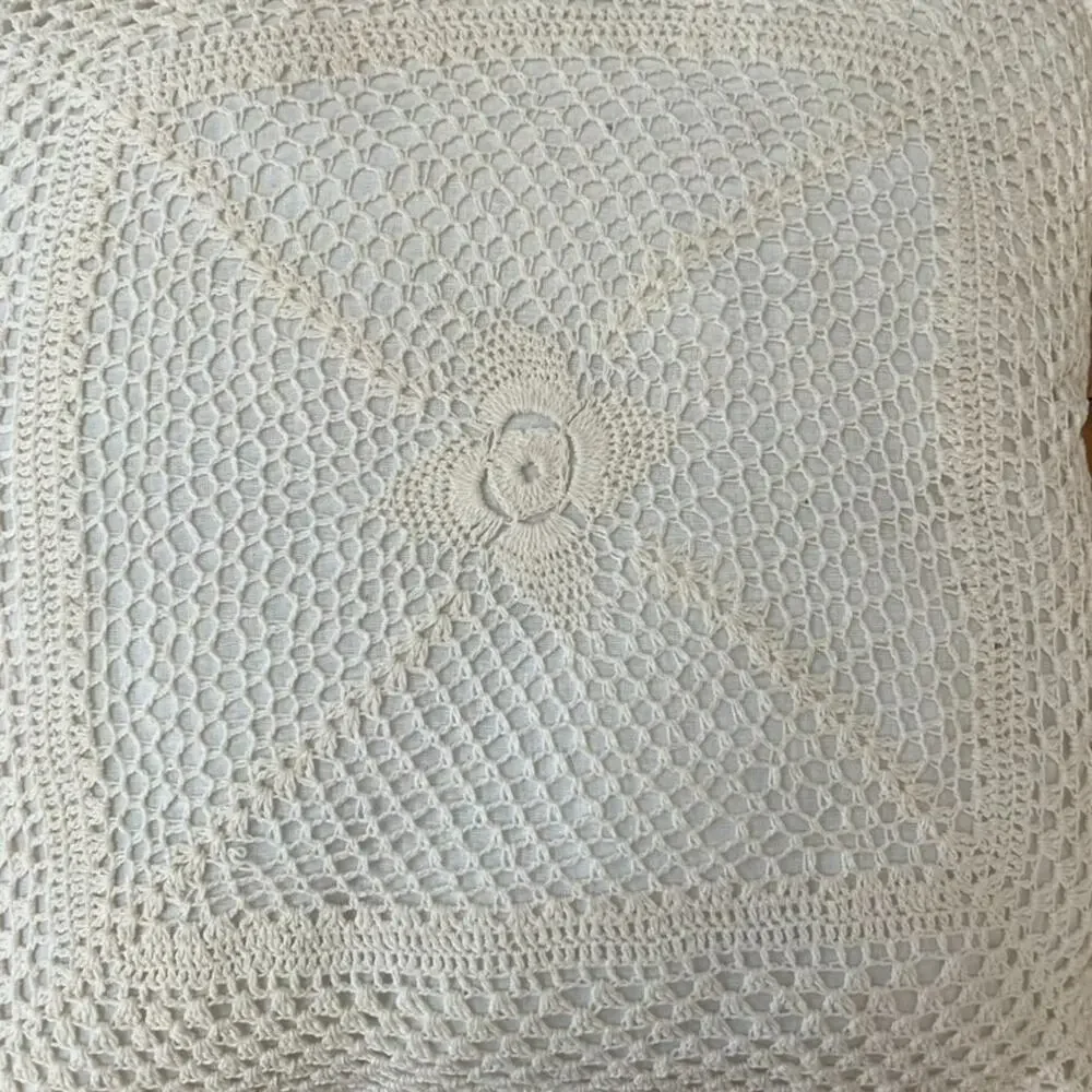 Ivory Cotton Crochet Square Decorative Pillow 15 x 15